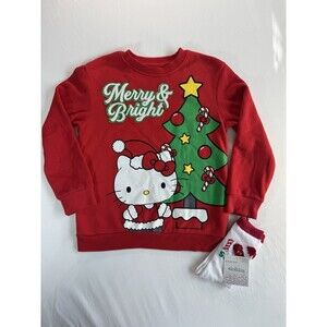 Hello Kitty Christmas Crewneck Sweatshirt Kids Girls S Red Merry & Bright, Socks